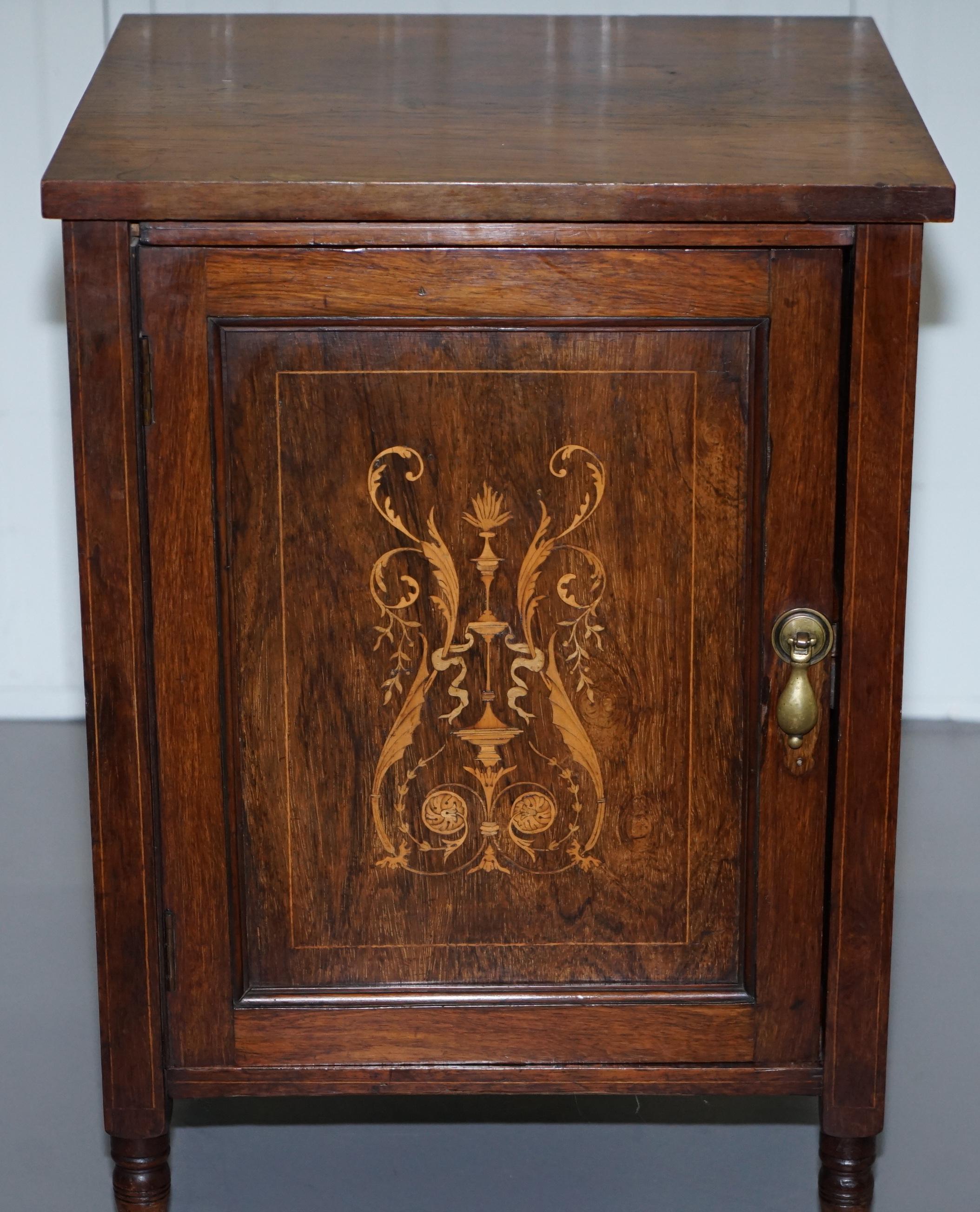 19th Century Victorian Rosewood Marquetry Inlaid Side Lamp Wine End Table Cabinet Cupboard
