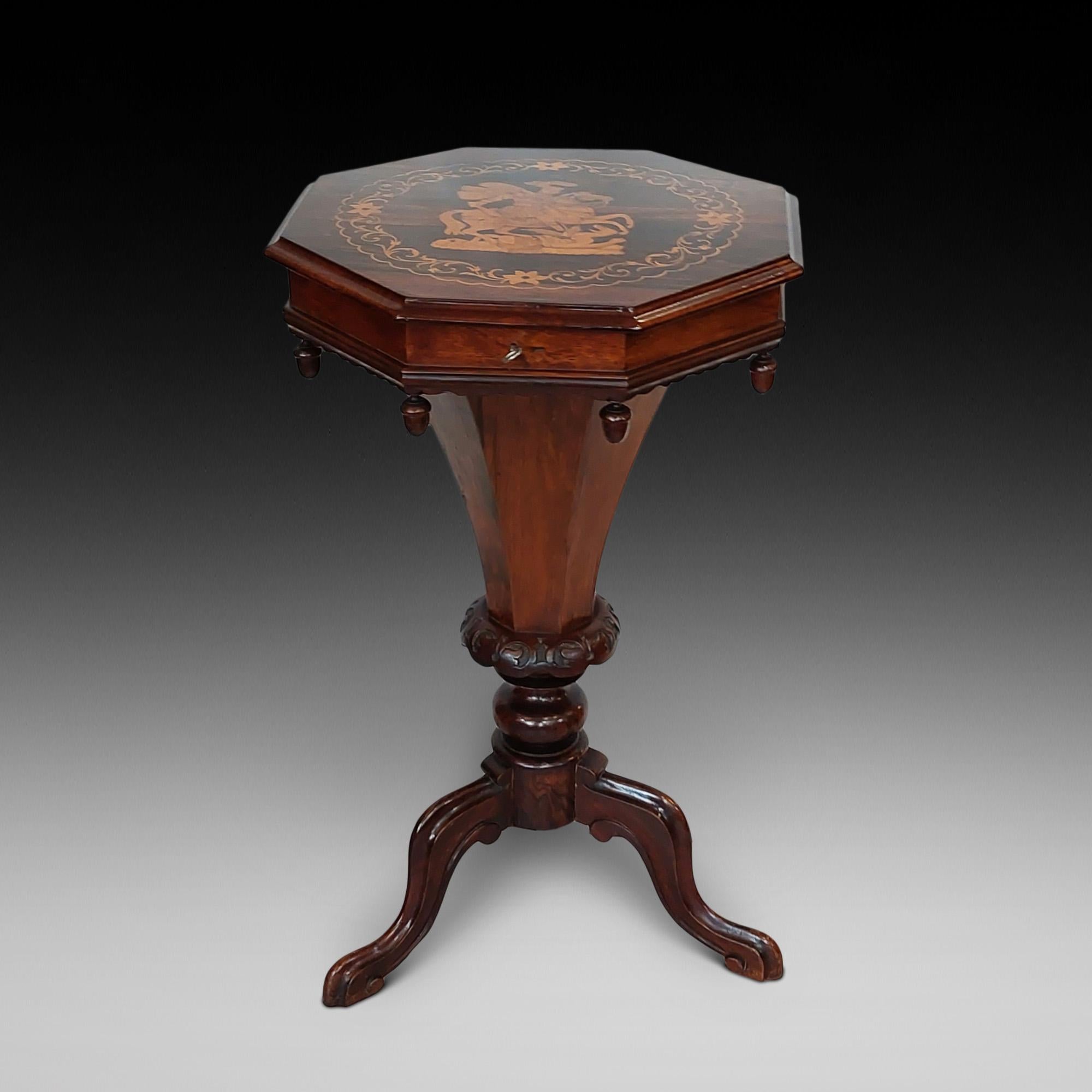 Victorian rosewood octagonal needlework table, with hinged lid, tapered centre column & three carved cabriole legs and Boxwood Marquetry featuring George and the Dragon - 18