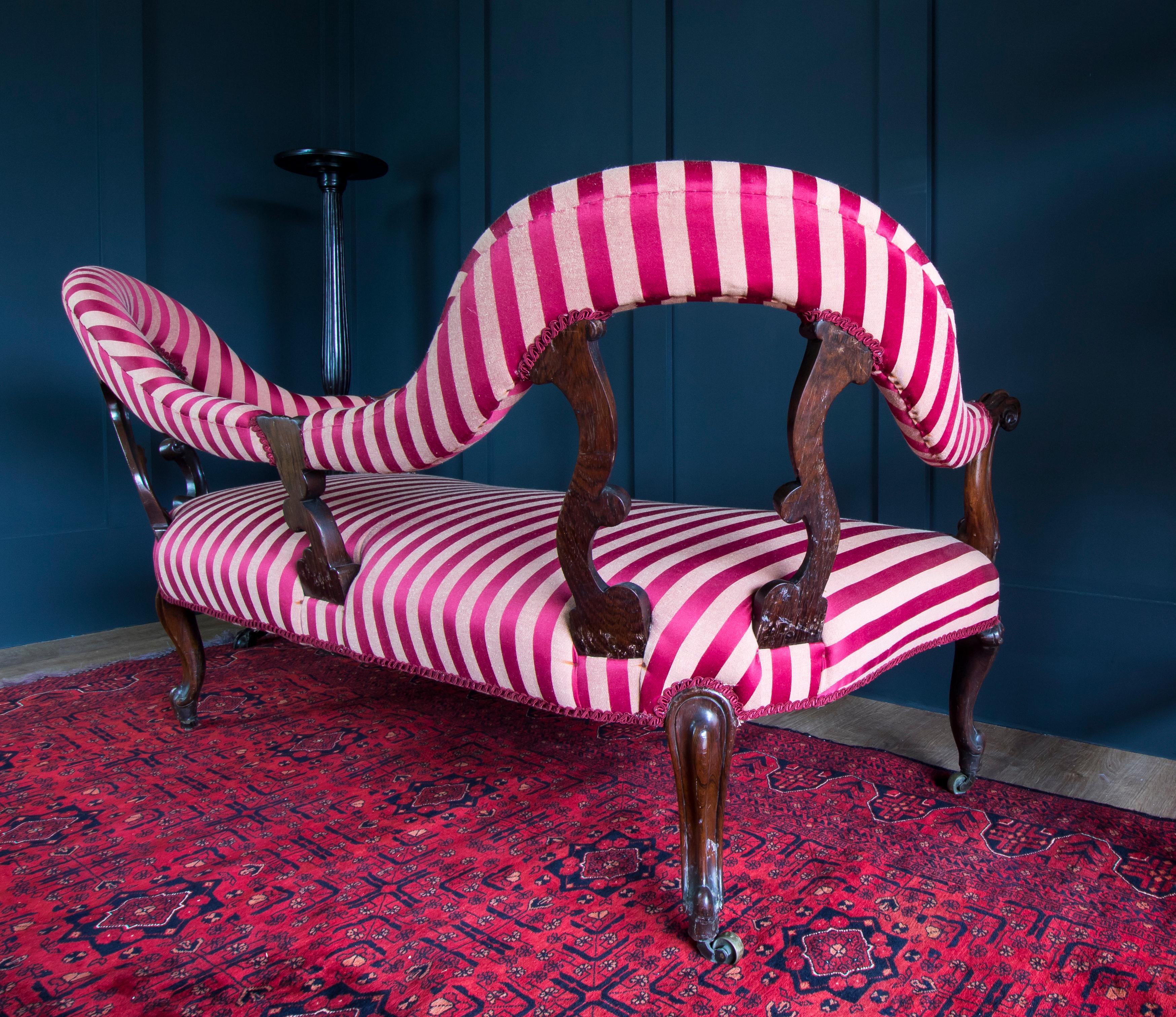 Mid-19th Century Victorian Rosewood Parlour Sofa in Red Satin Stripes