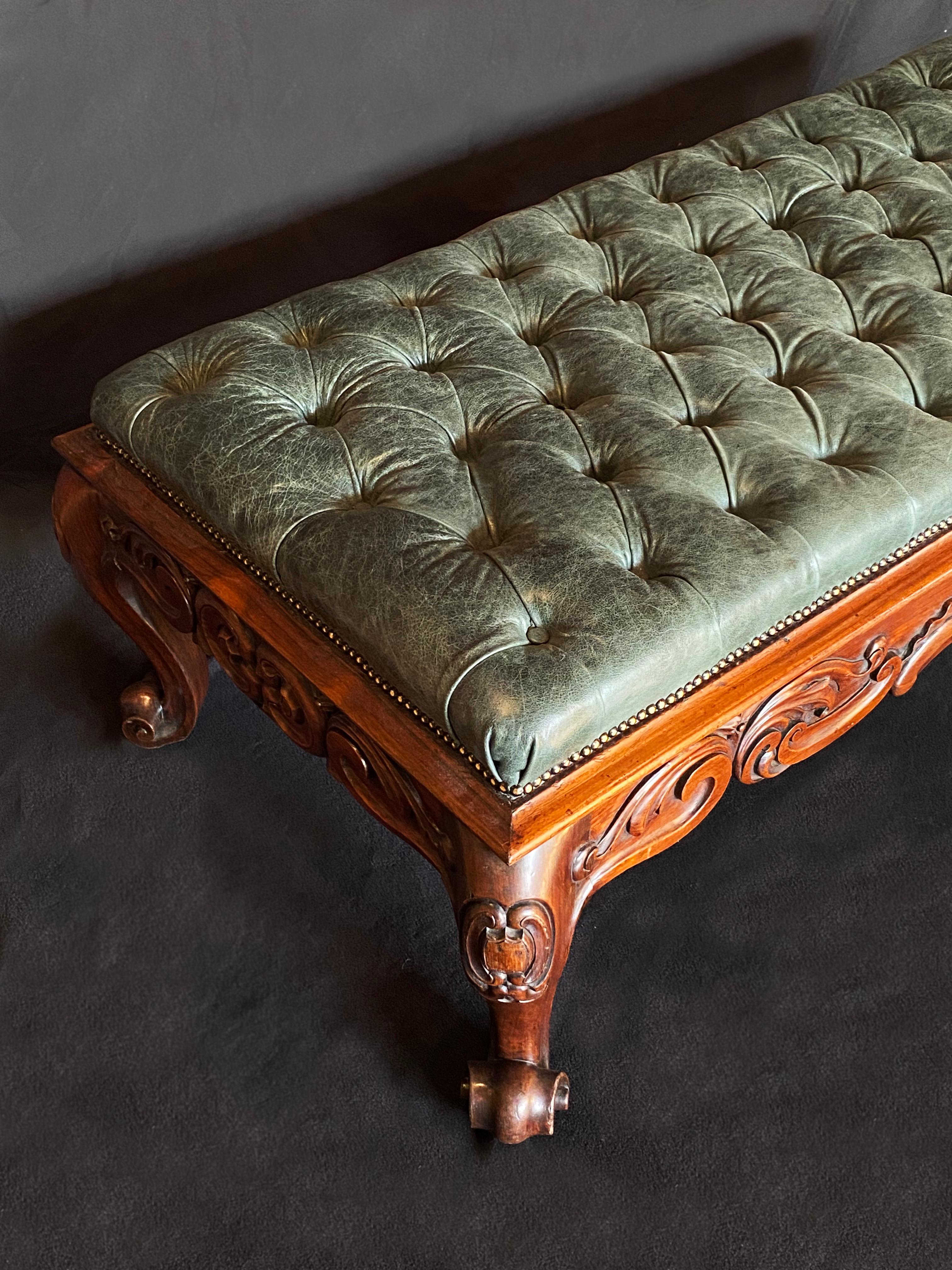 Hand-Carved Victorian Rosewood Salon Stool of Rococo Revival Style, Green Leather For Sale