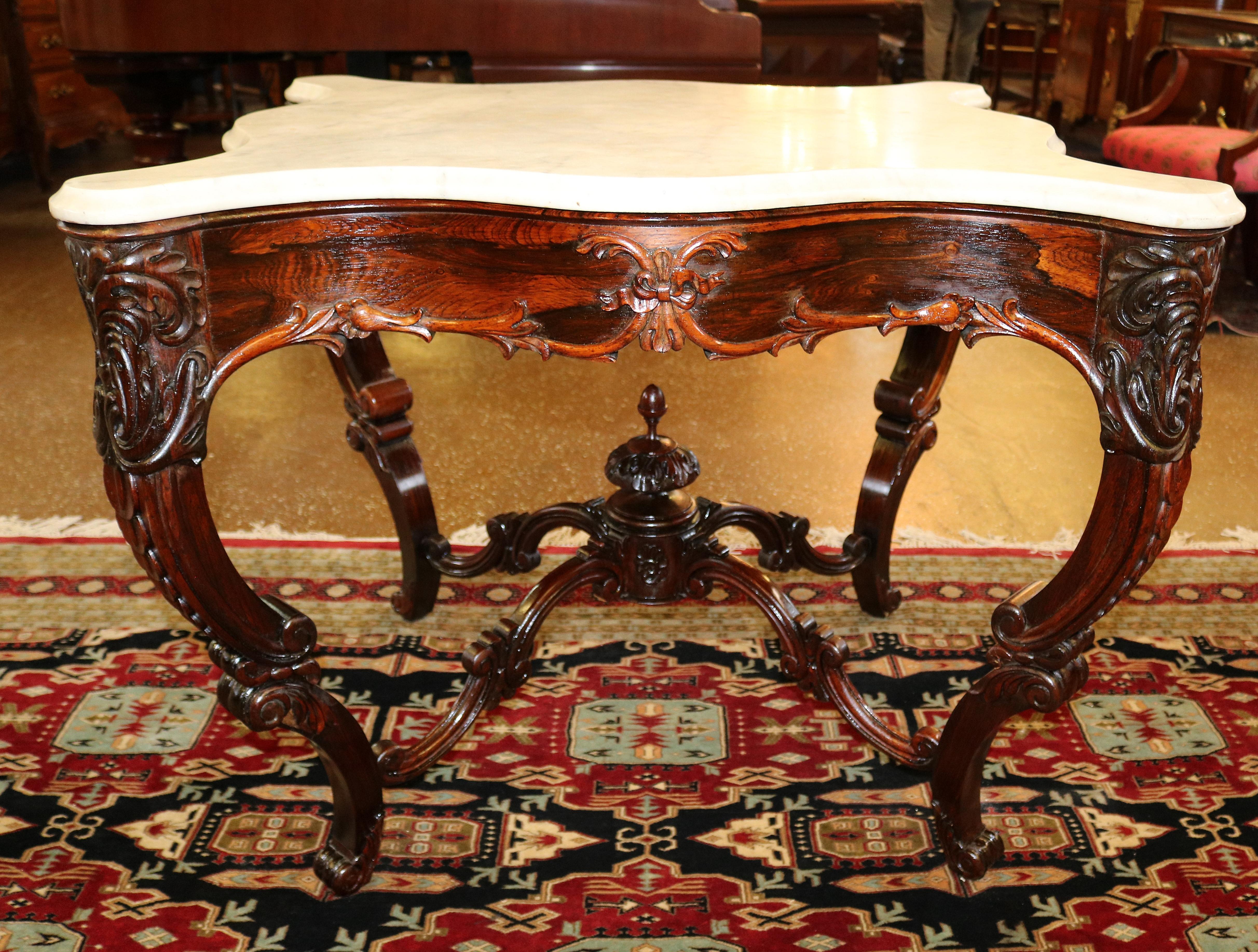Victorian Rosewood White Marble Top Occasional Center Table Attr to J.W Meeks For Sale 5