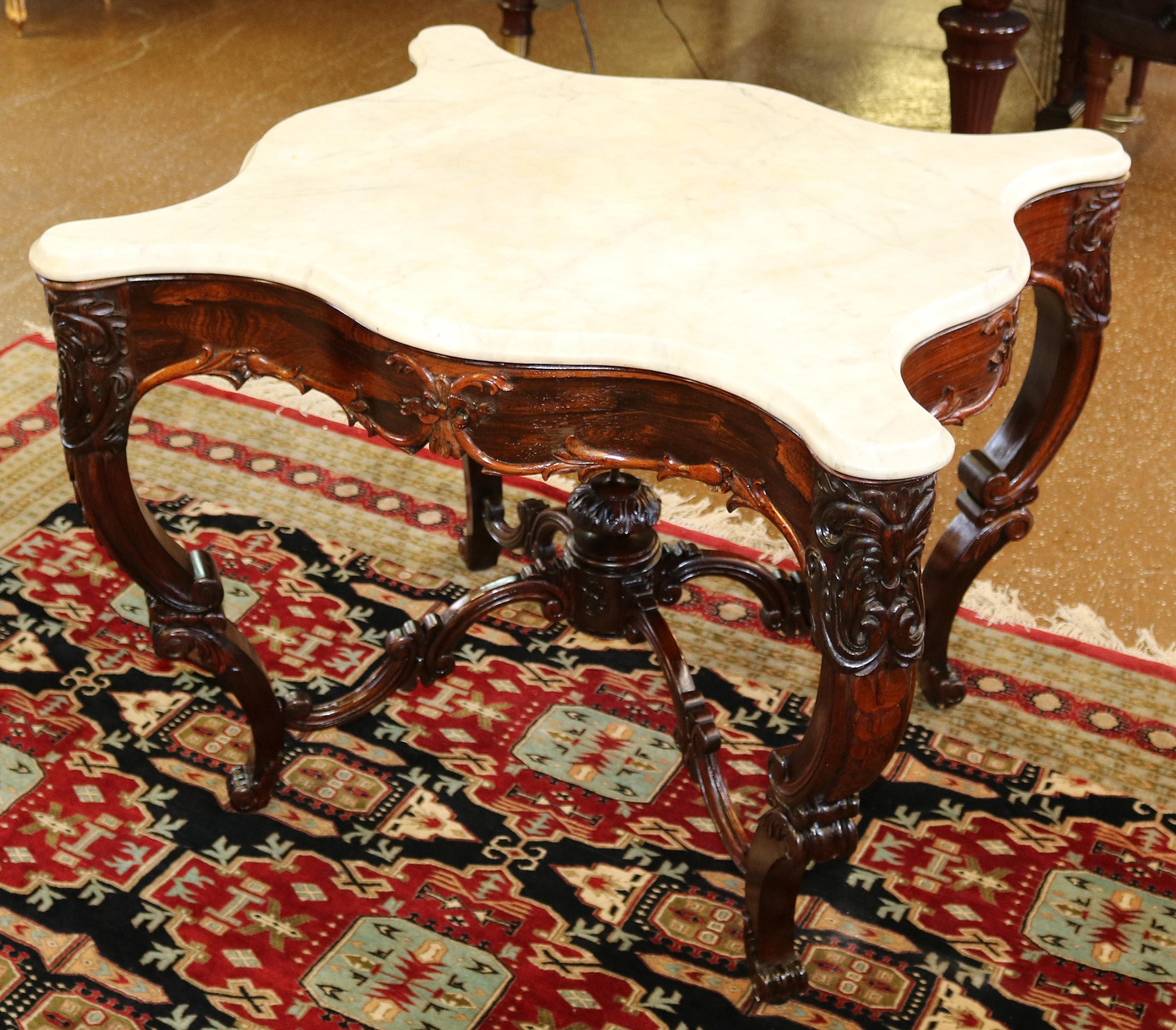 American Victorian Rosewood White Marble Top Occasional Center Table Attr to J.W Meeks For Sale
