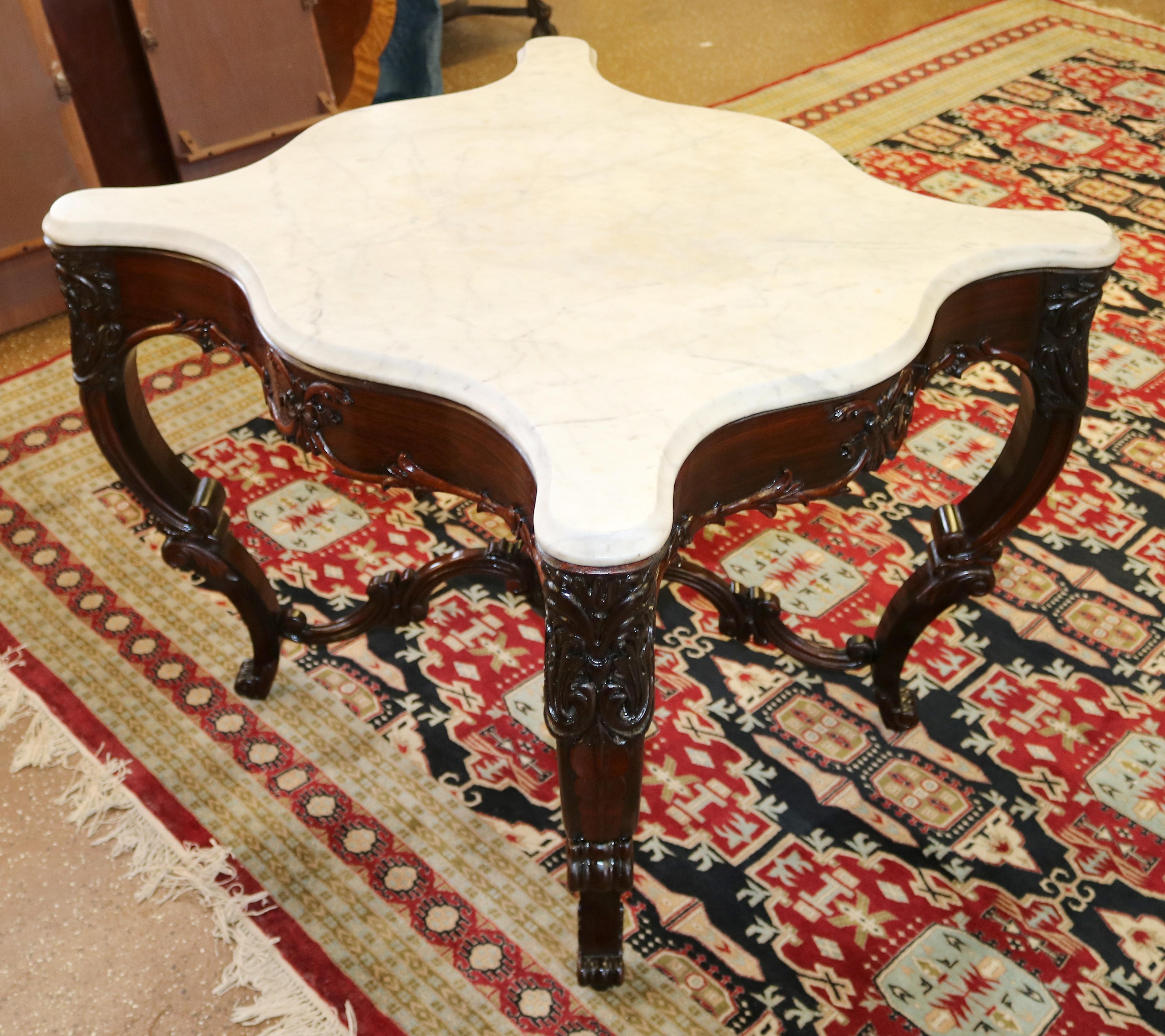 Mid-19th Century Victorian Rosewood White Marble Top Occasional Center Table Attr to J.W Meeks For Sale