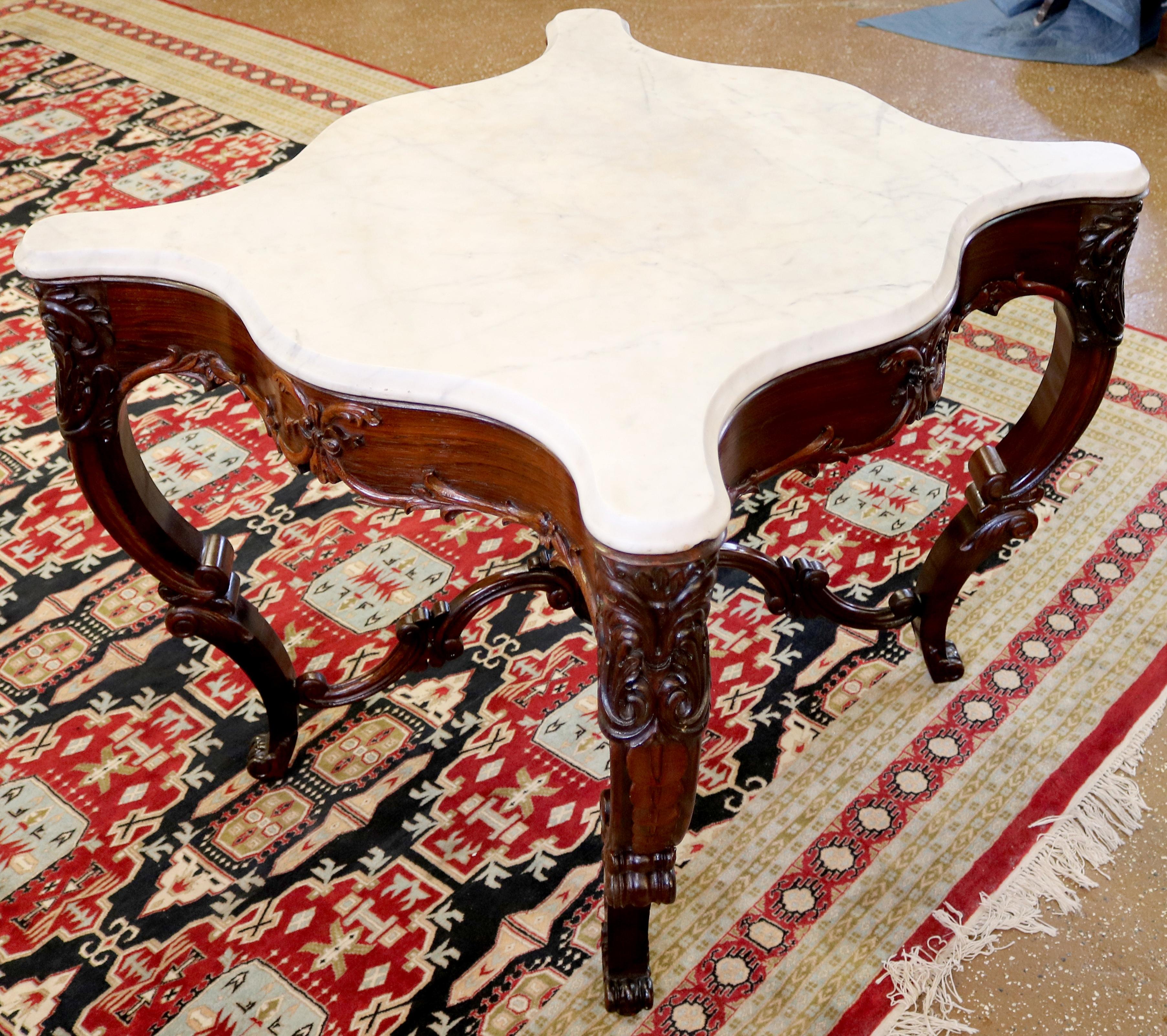 Victorian Rosewood White Marble Top Occasional Center Table Attr to J.W Meeks For Sale 3