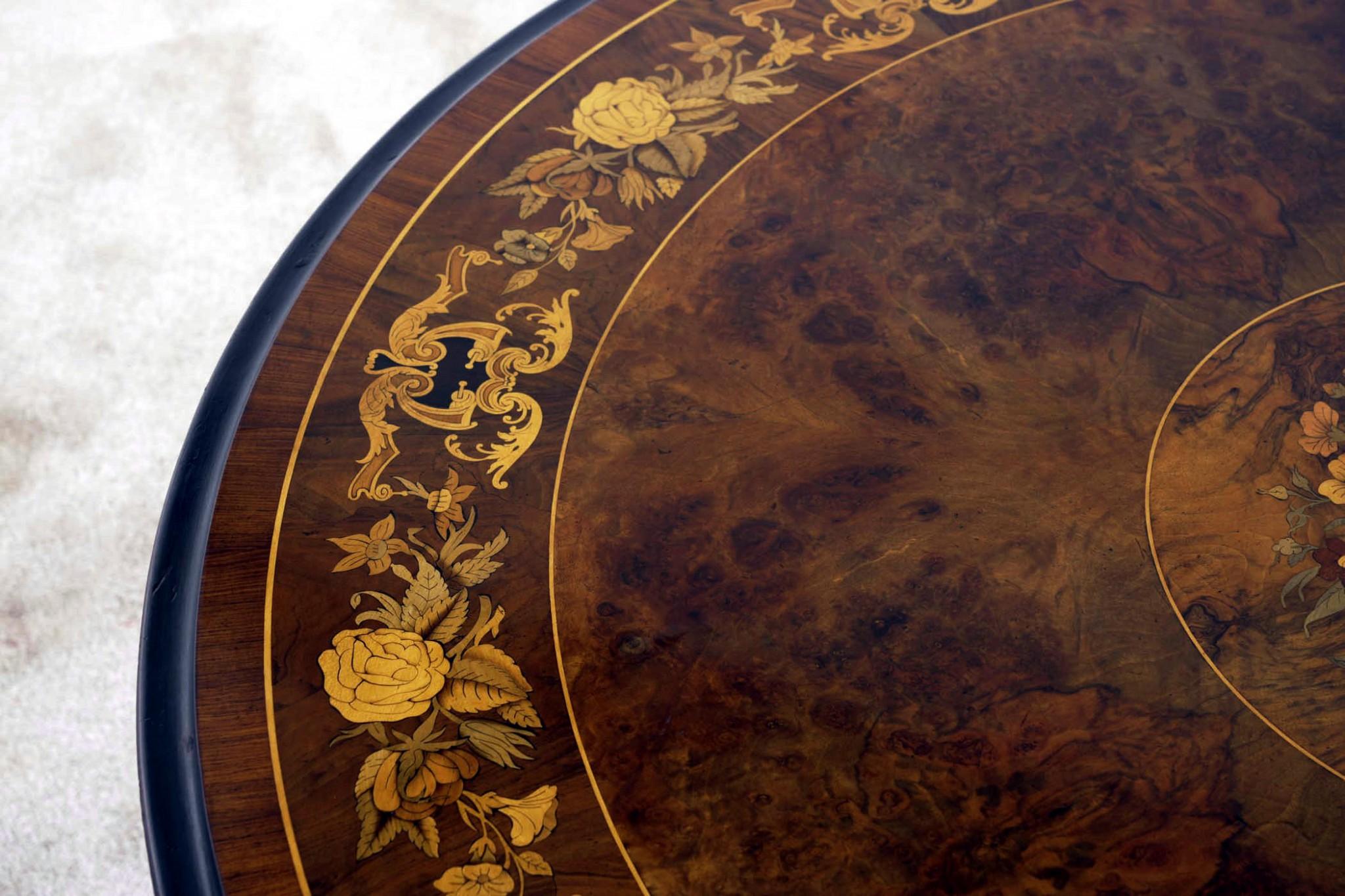 Wood Victorian Round Dining Table Marquetry Inlay 1880 Centre For Sale