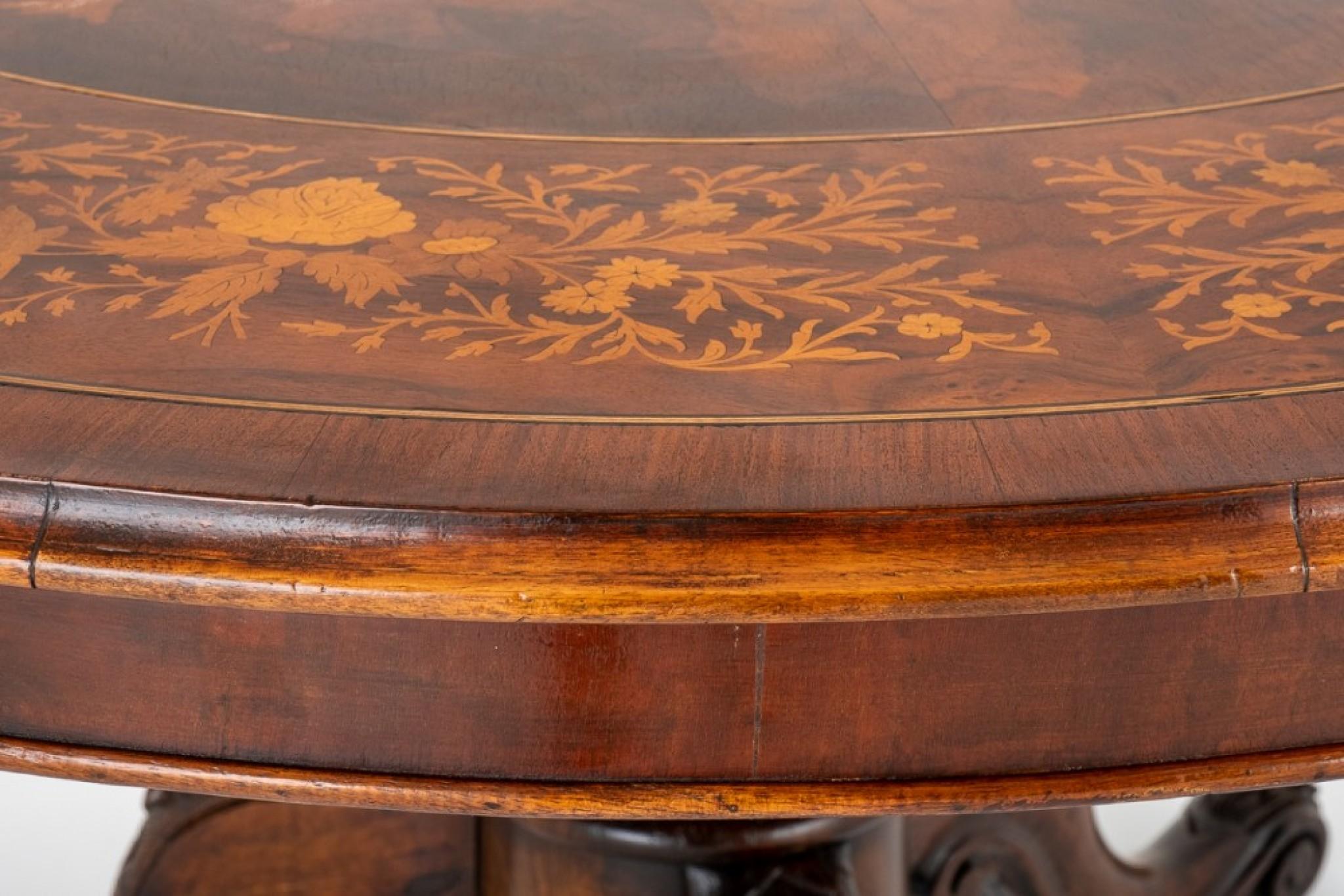 Victorian Round Dining Table Marquetry Inlay For Sale 2