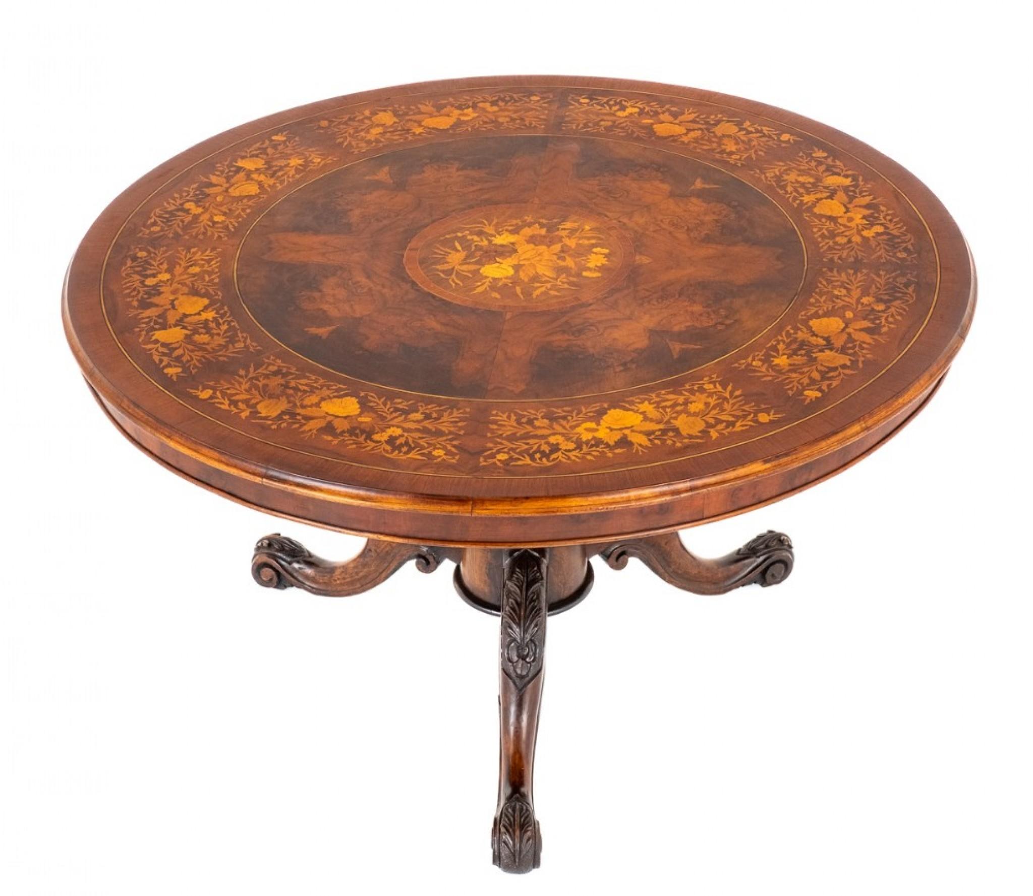 Victorian Round Dining Table Marquetry Inlay For Sale 3