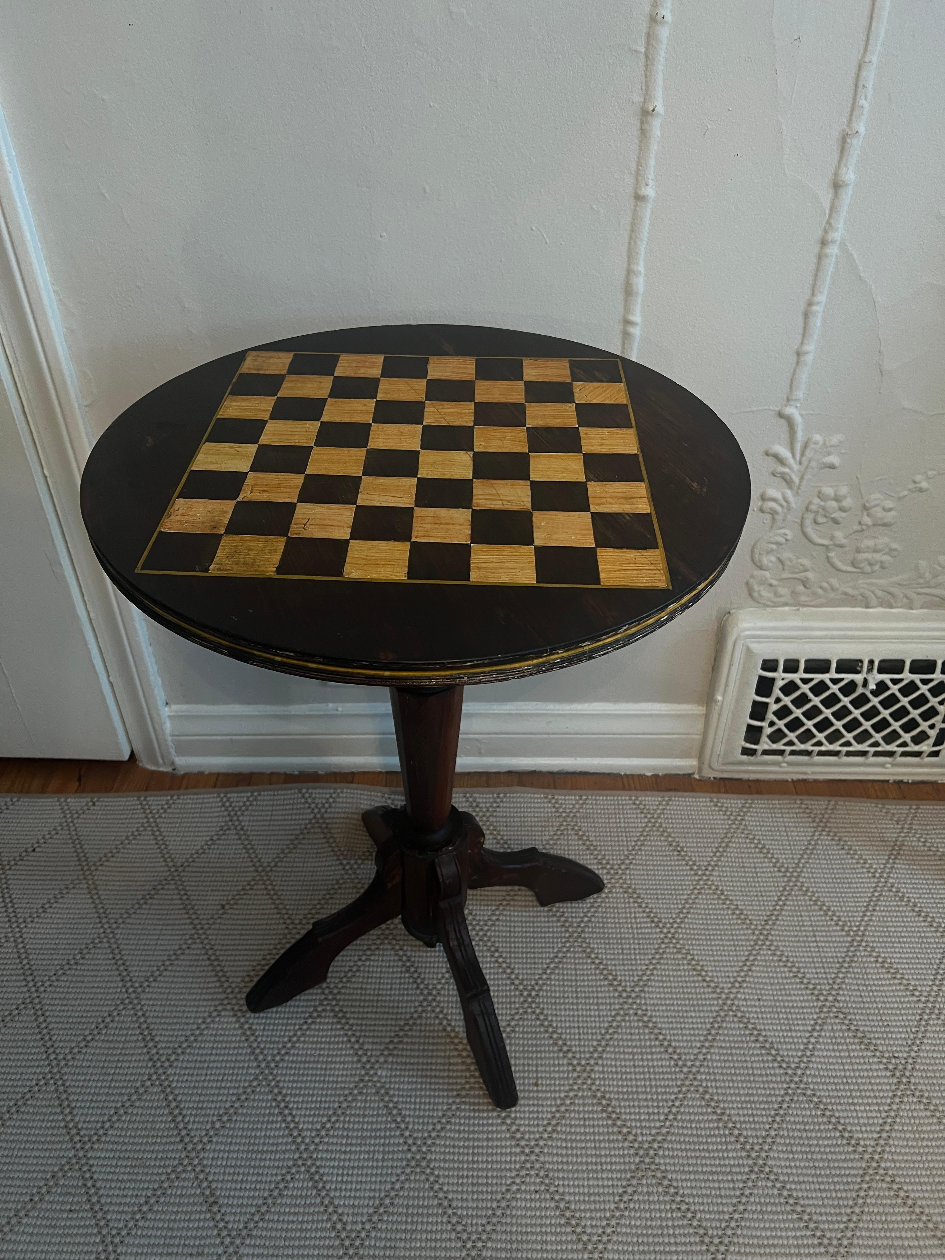 Wood Victorian Round Side Table with Hand Painted Game Board Top For Sale
