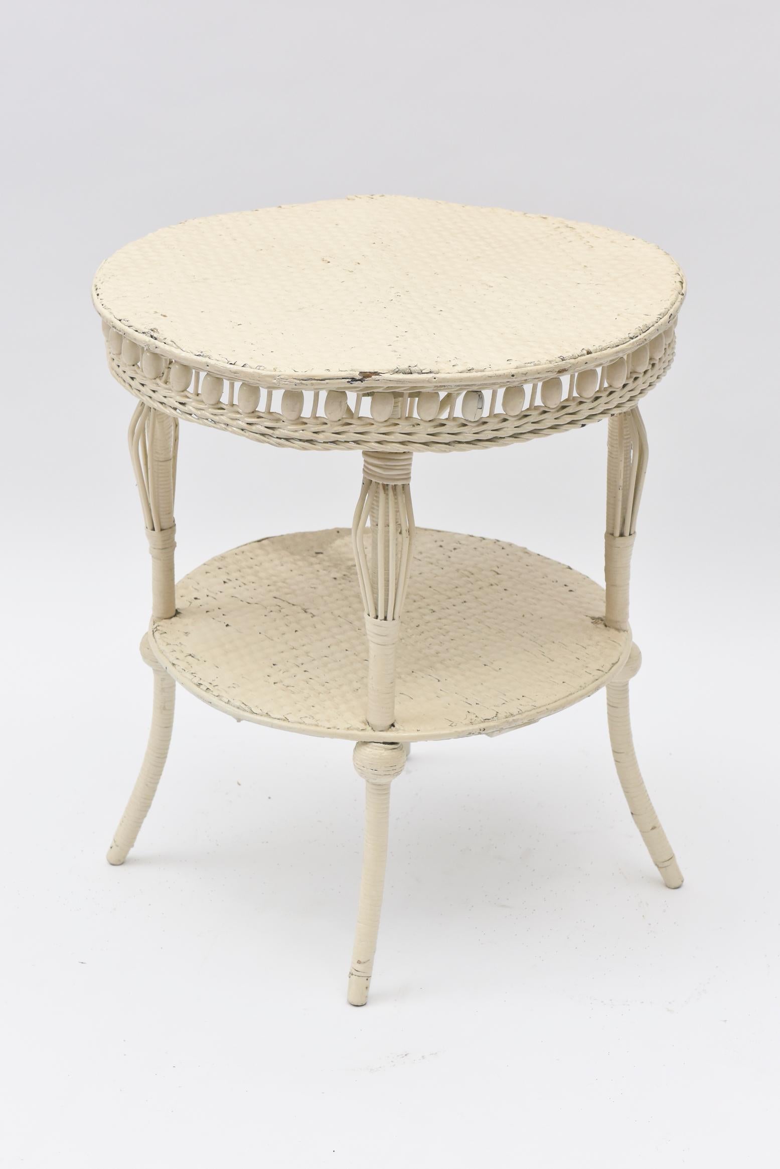 American Victorian Round Wicker Two Tier Side Table by Heywood-Wakefield Co. For Sale