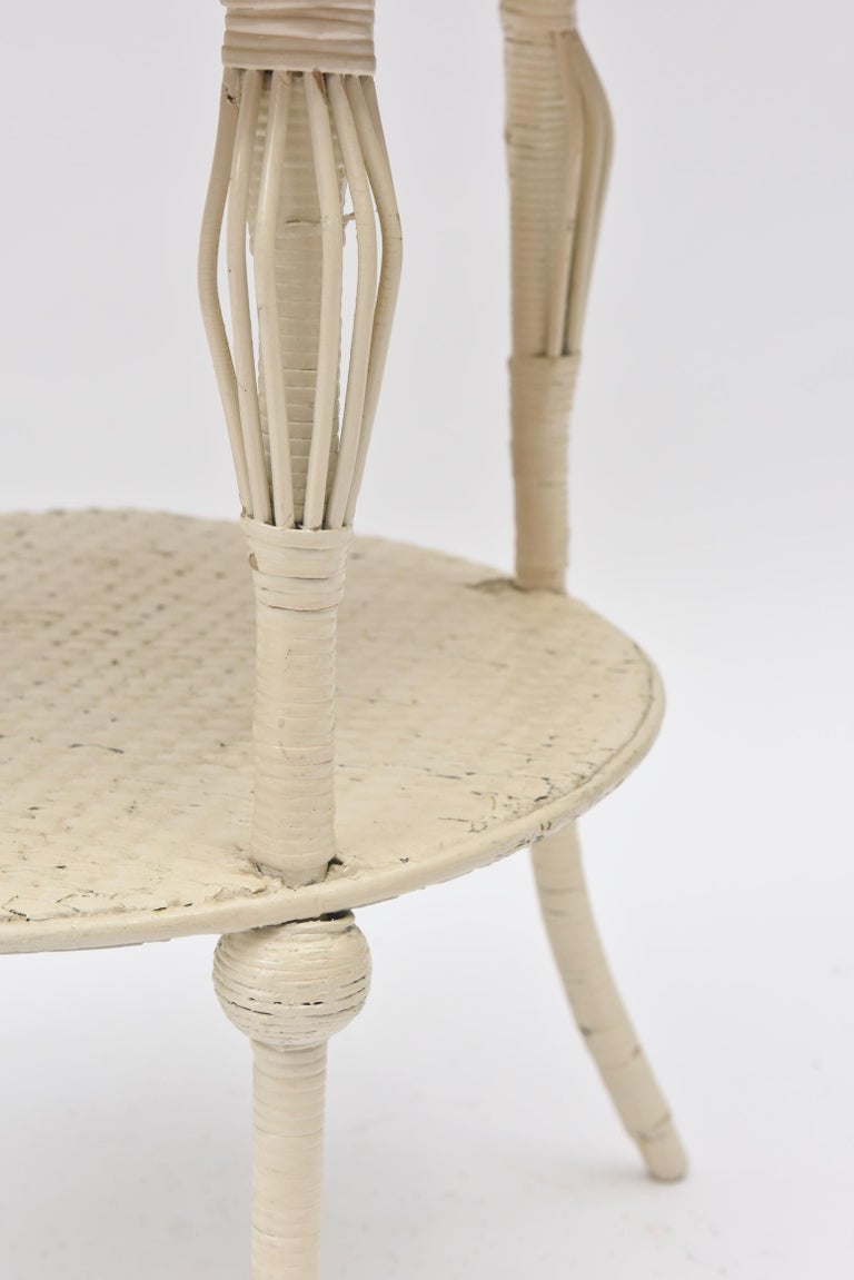 Victorian Round Wicker Two Tier Side Table by HeywoodWakefield Co. For