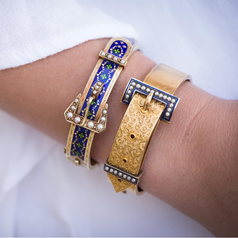 Round Cut Victorian Royal Blue Enamel and Pearl Buckle Bracelet