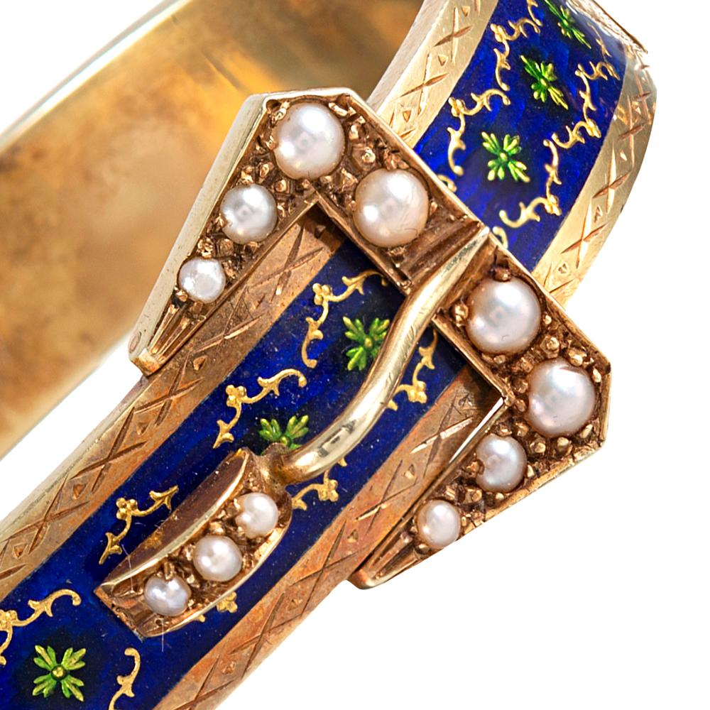 Victorian Royal Blue Enamel and Pearl Buckle Bracelet In Good Condition In Carmel-by-the-Sea, CA