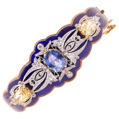 Antique Victorian Blue Enamel Bangle 3.48 Ct Burmese No-Heat Sapphire 14KY Gold