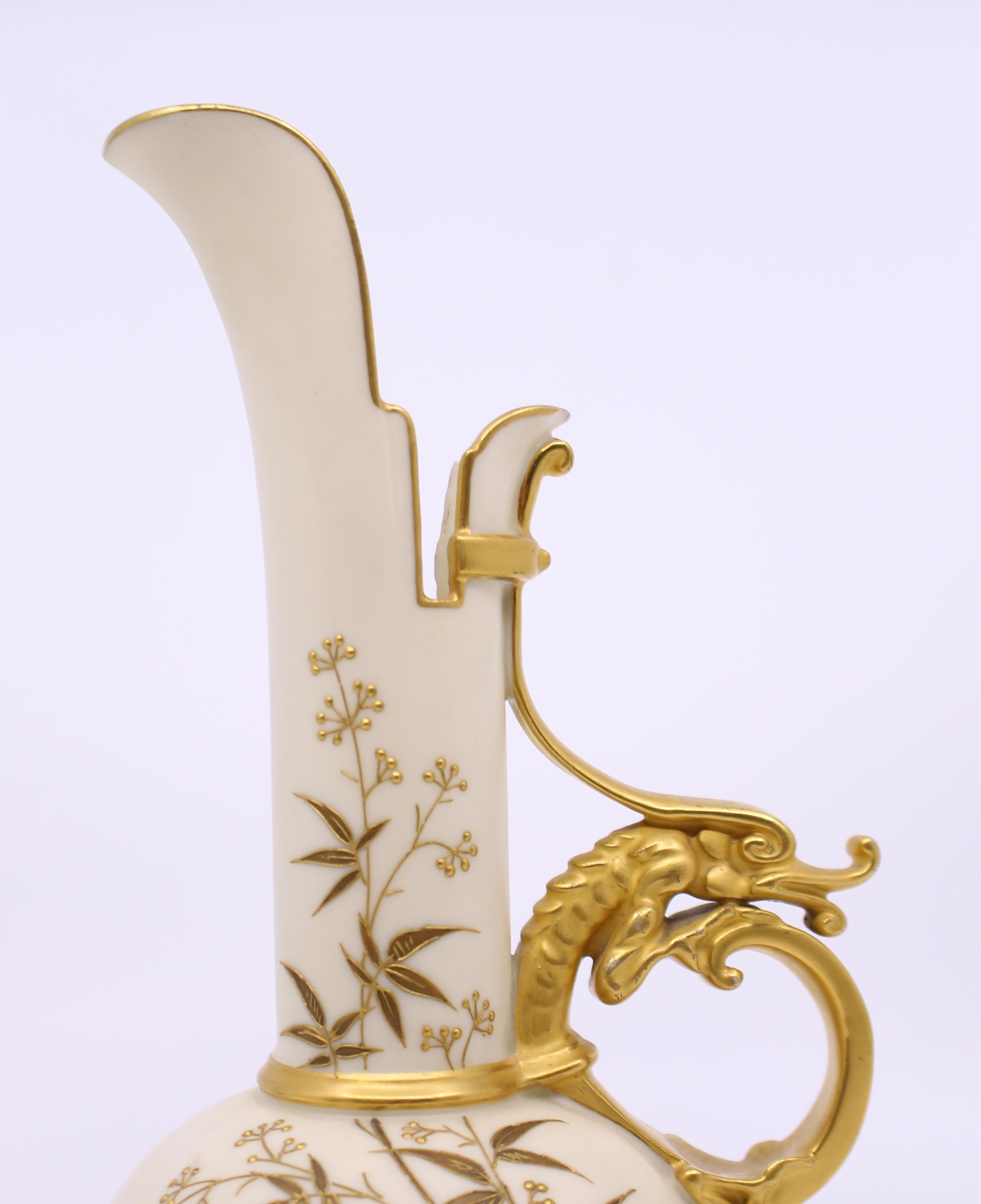 Porcelain Victorian Royal Worcester Gilded Blush Dragon Handle Ewer 1026