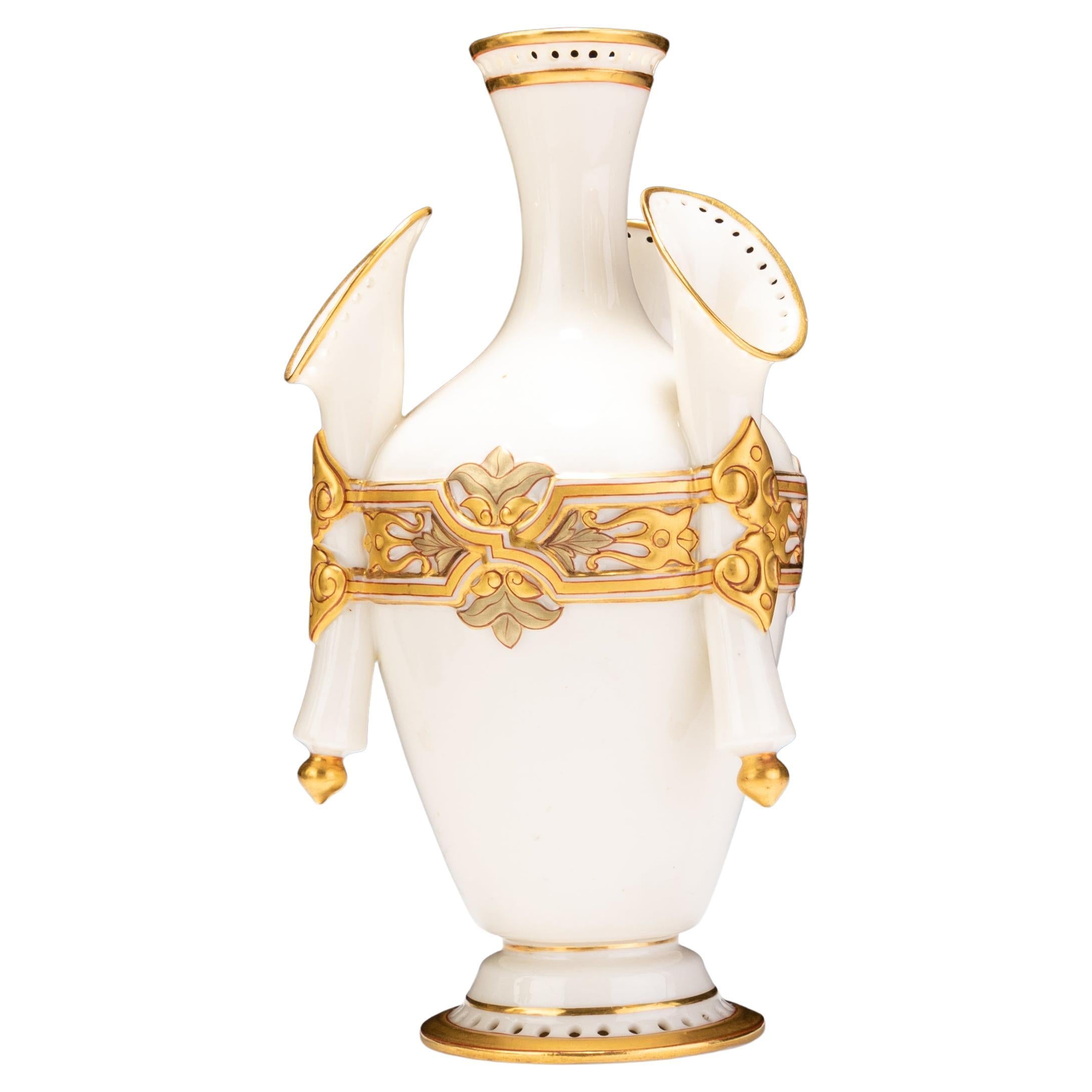Victorian Royal Worcester Gilt Porcelain Multi Spill Vase ca. 1881