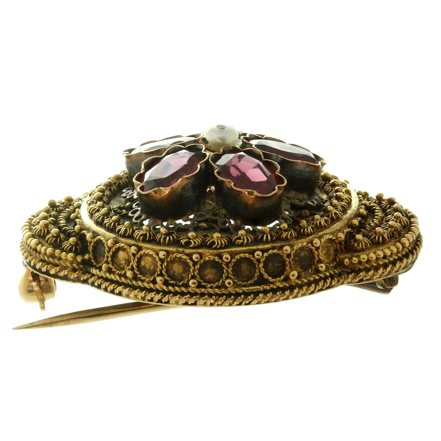 Victorian Rubellite 15 Karat Yellow Gold Handmade Filligree Pendant Brooch In Excellent Condition For Sale In New York, NY