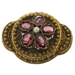 Antique Victorian Rubellite 15 Karat Yellow Gold Handmade Filligree Pendant Brooch