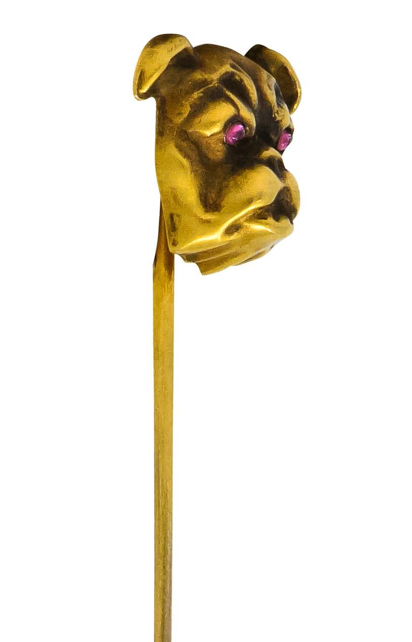 Victorian Ruby 10 Karat Yellow Gold Bulldog Stickpin In Excellent Condition In Philadelphia, PA