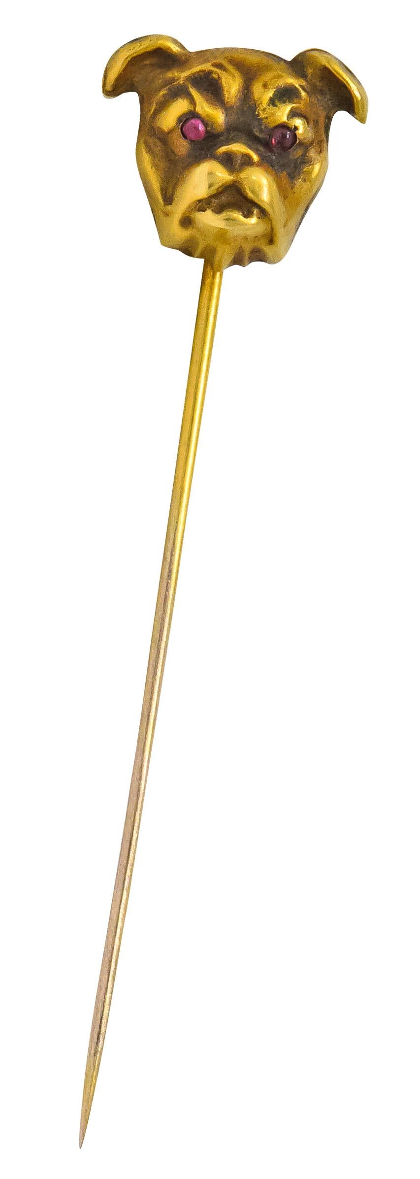 Women's or Men's Victorian Ruby 10 Karat Yellow Gold Bulldog Stickpin