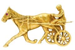 Antique Victorian Ruby 14 Karat Gold Driving Horse Brooch Circa 1900