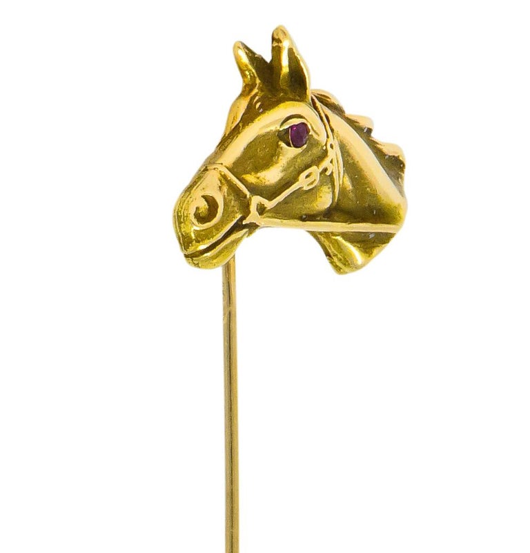 Victorian Ruby 14 Karat Yellow Gold Horse Stickpin In Excellent Condition For Sale In Philadelphia, PA