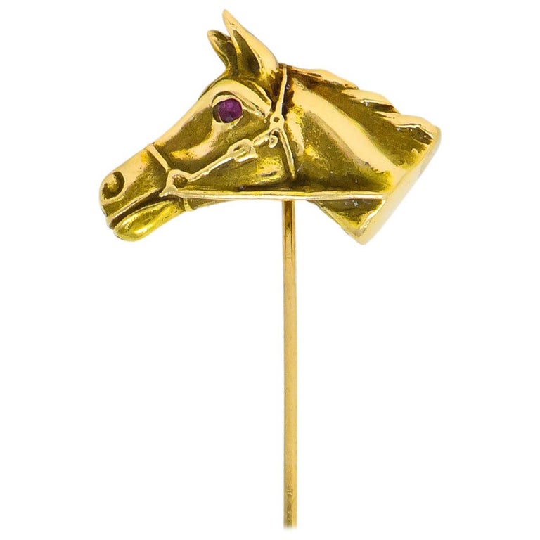 Victorian Ruby 14 Karat Yellow Gold Horse Stickpin For Sale