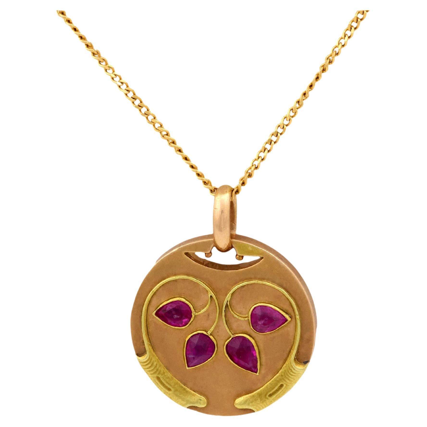 Viktorianischer Rubin 14k Gelb- und Roségold Medaillon Anhänger Halskette