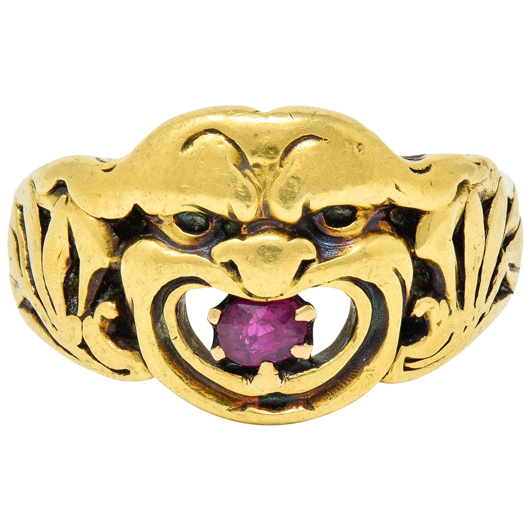 Victorian Ruby 18 Karat Gold Gargoyle Foliate Band Ring