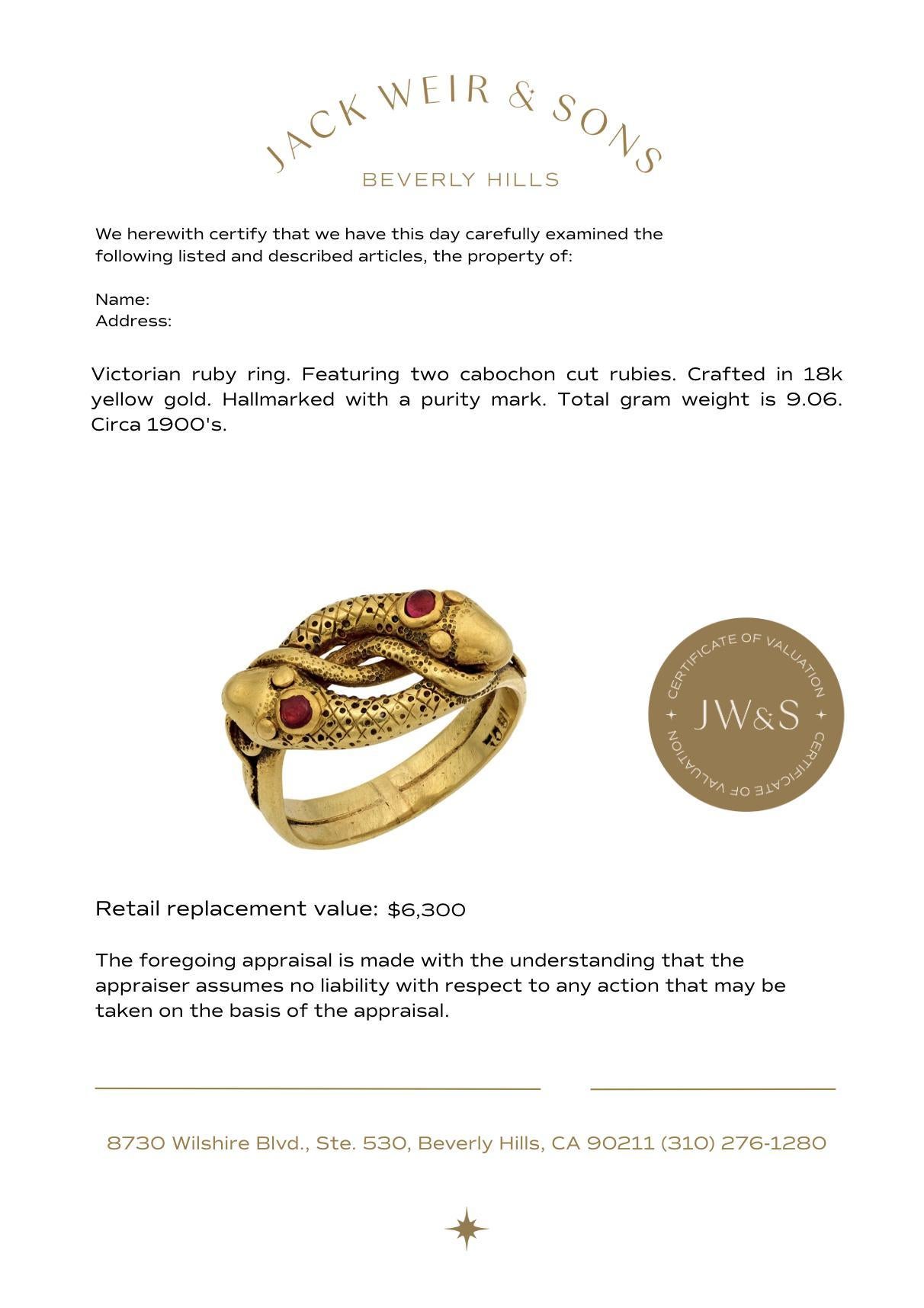 Bague victorienne à double serpent en or jaune 18k et rubis Pour femmes en vente