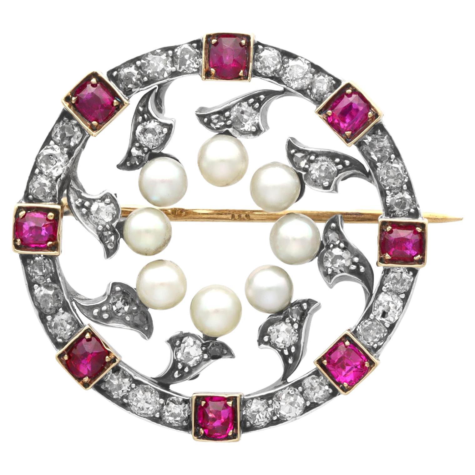 Victorian Ruby and 1.54 Carat Diamond Natural Pearl and Yellow Gold Brooch For Sale