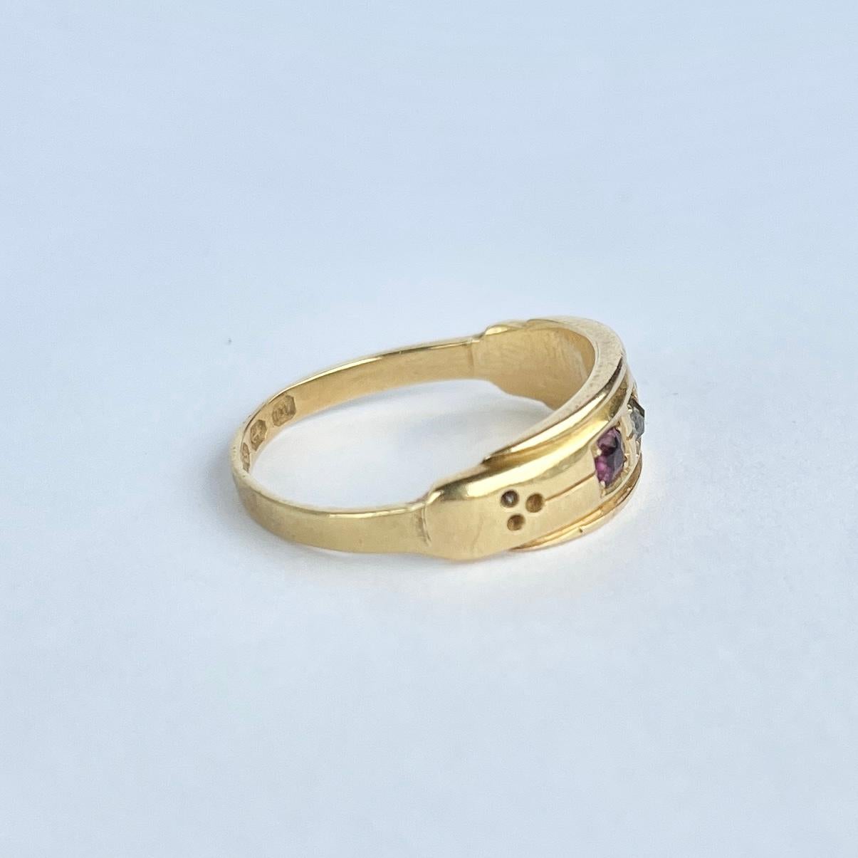 Victorian Ruby and Diamond 18 Carat Gold Three-Stone Band Ring In Good Condition For Sale In Chipping Campden, GB