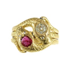 Victorian Ruby and Diamond 18 Karat Yellow Gold Double Snakes Ring, 1890s