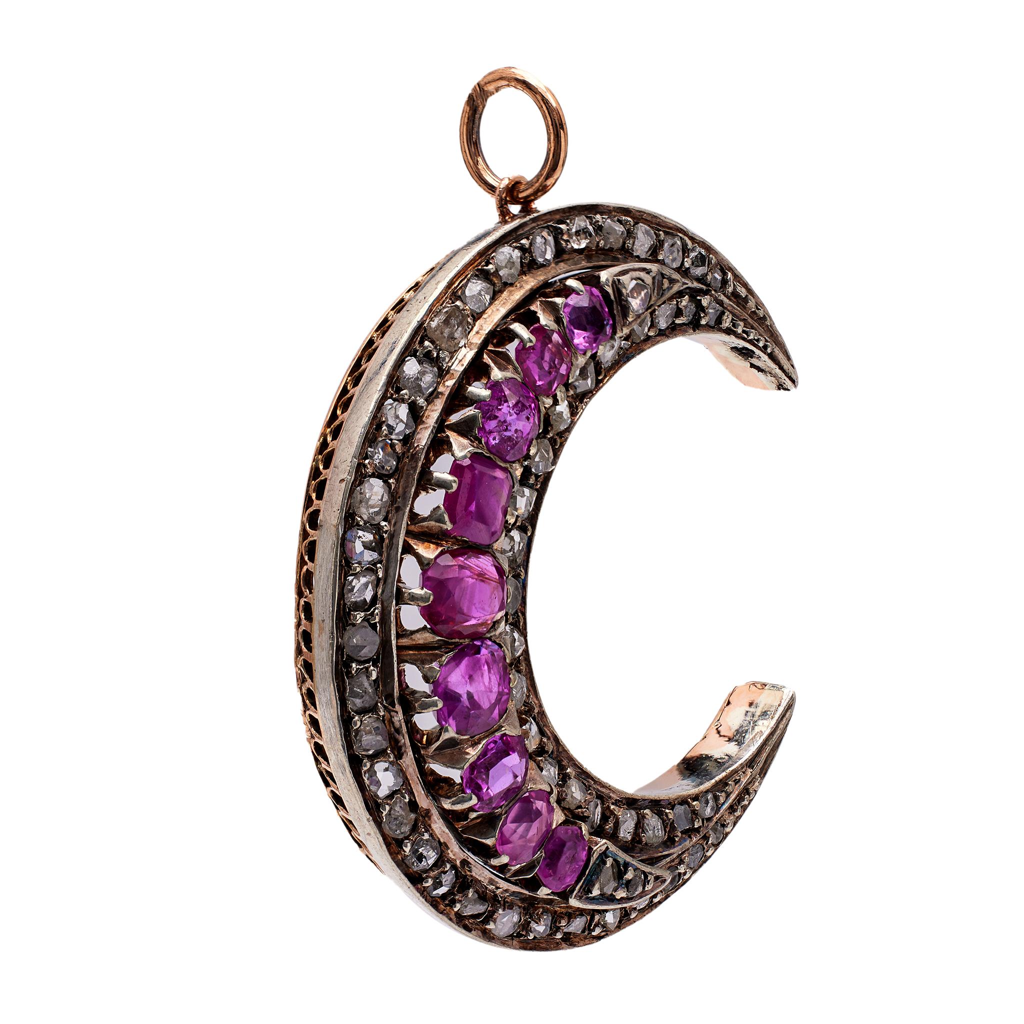 Women's or Men's Victorian Ruby and Diamond 18k Rose Gold Silver Crescent Moon Pendant For Sale