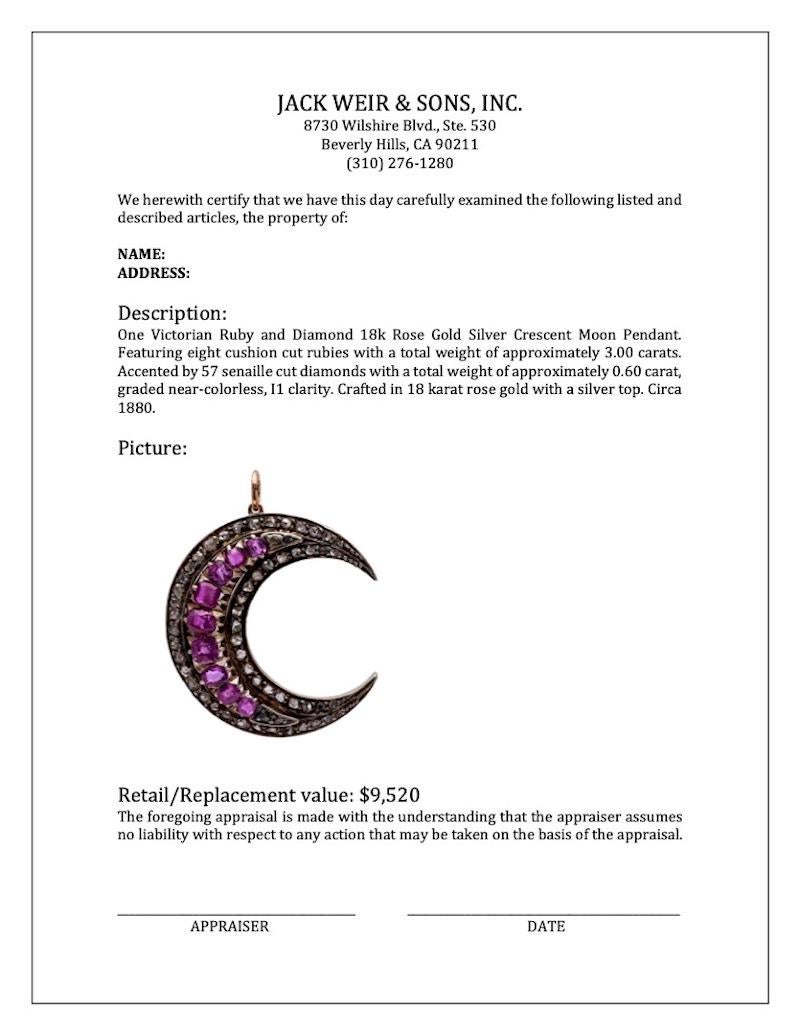 Victorian Ruby and Diamond 18k Rose Gold Silver Crescent Moon Pendant For Sale 1