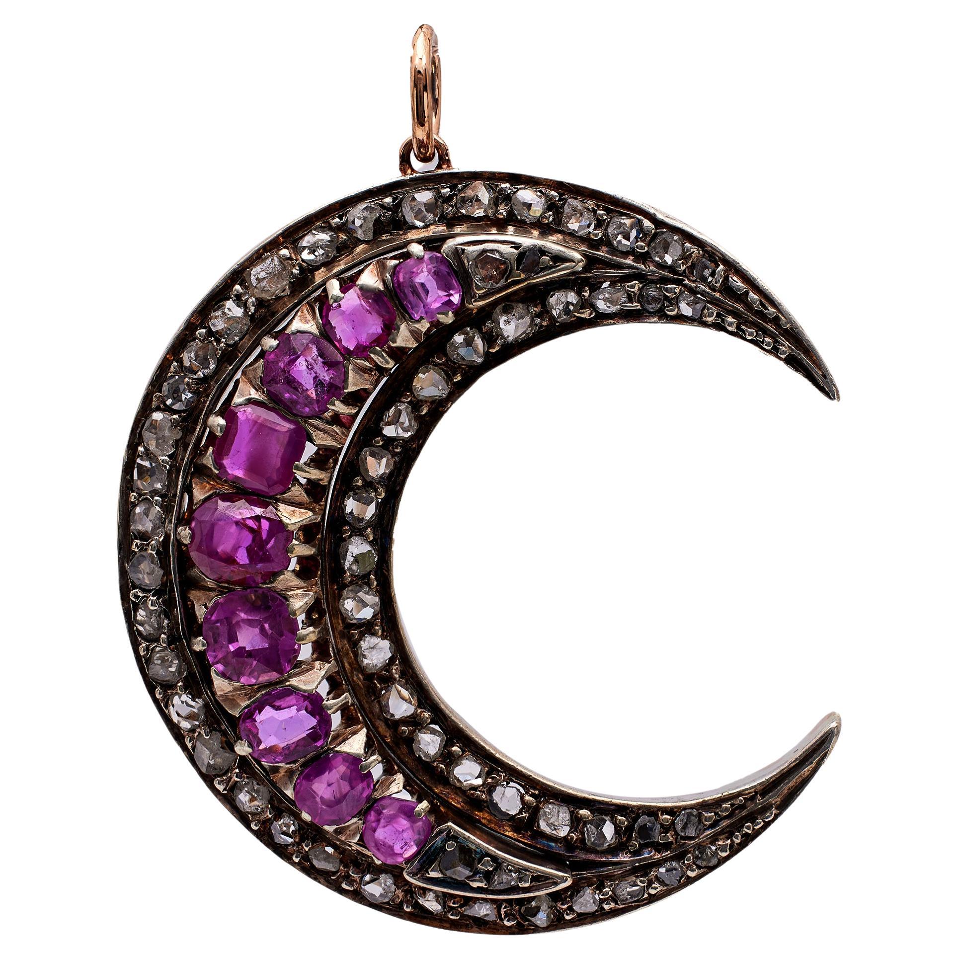 Victorian Ruby and Diamond 18k Rose Gold Silver Crescent Moon Pendant For Sale