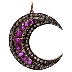 Antique Victorian Ruby and Diamond 18k Rose Gold Silver Crescent Moon Pendant