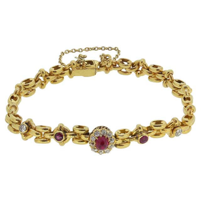 Vintage 1950s Style Ruby and Rose-Cut Diamond Bracelet in 14K Yellow ...