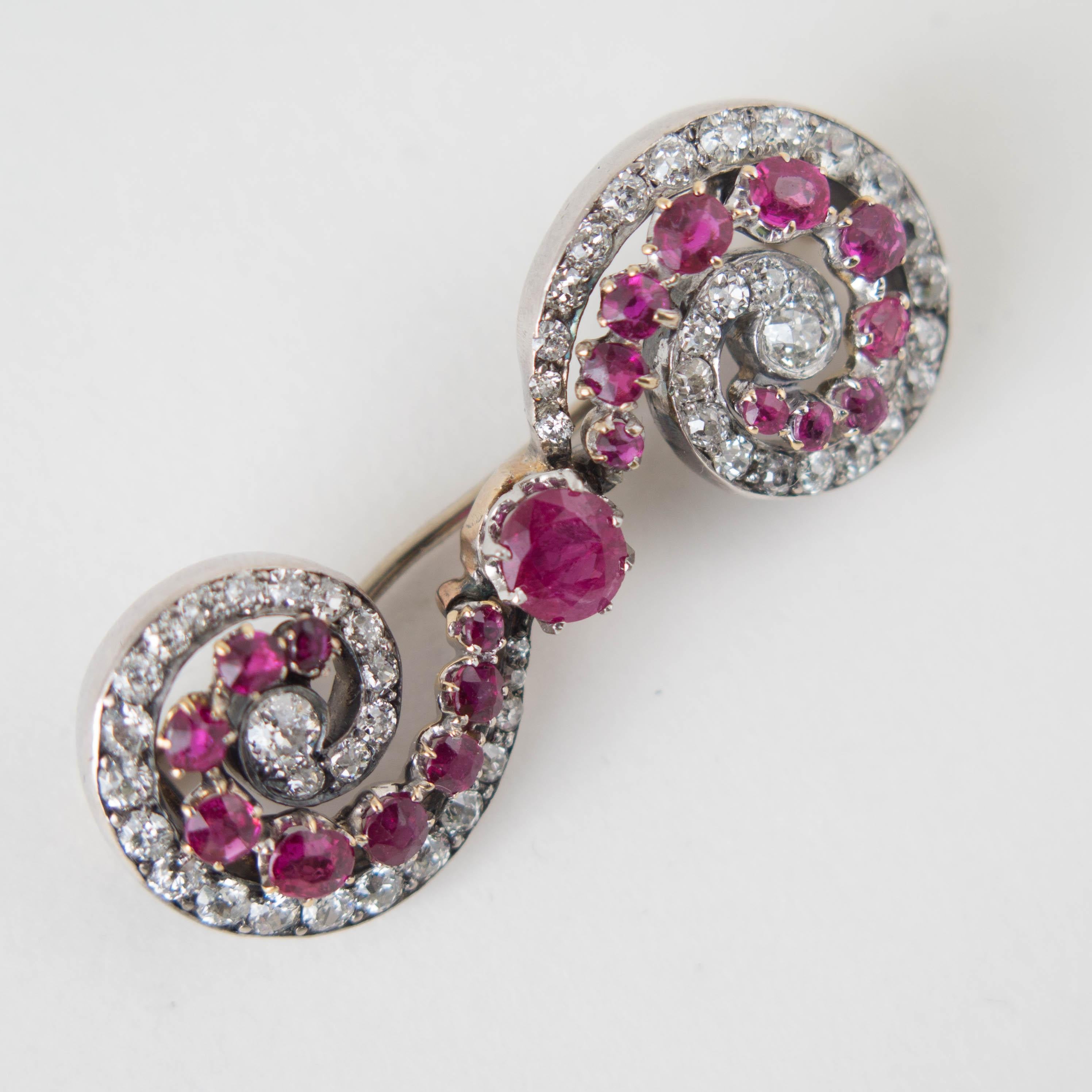 Antique Cushion Cut Victorian Ruby and Diamond Brooch, Late 19th Century For Sale