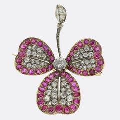 Victorian Ruby and Diamond Clover Pendant Brooch