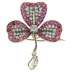 Victorian Ruby and Diamond Clover Pendant Brooch