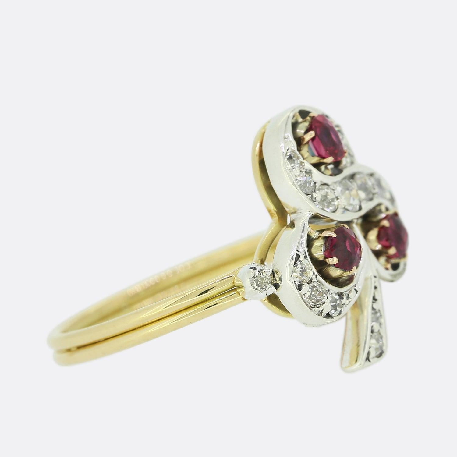 Round Cut Victorian Ruby and Diamond Clover Ring For Sale