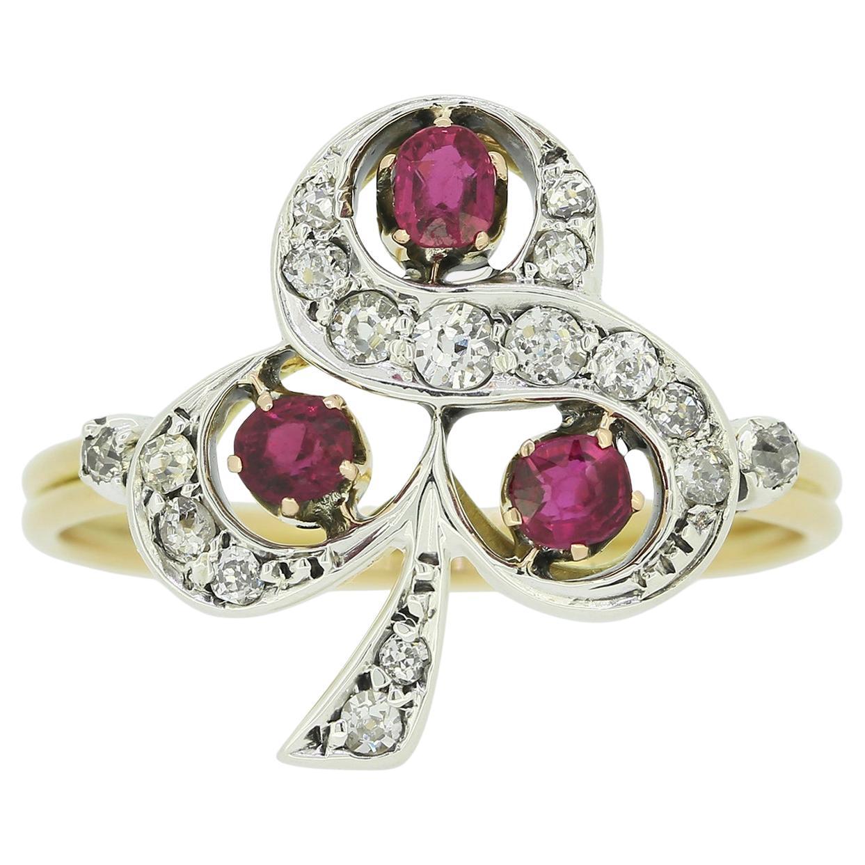 Victorian Ruby and Diamond Clover Ring For Sale