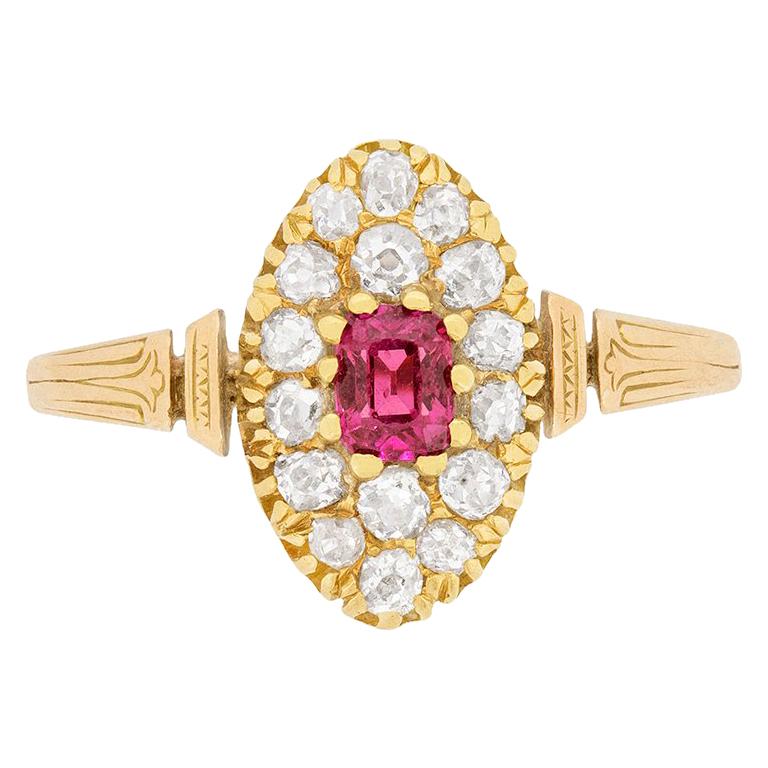 Victorian Ruby and Diamond Cluster Ring, circa 1900s For Sale