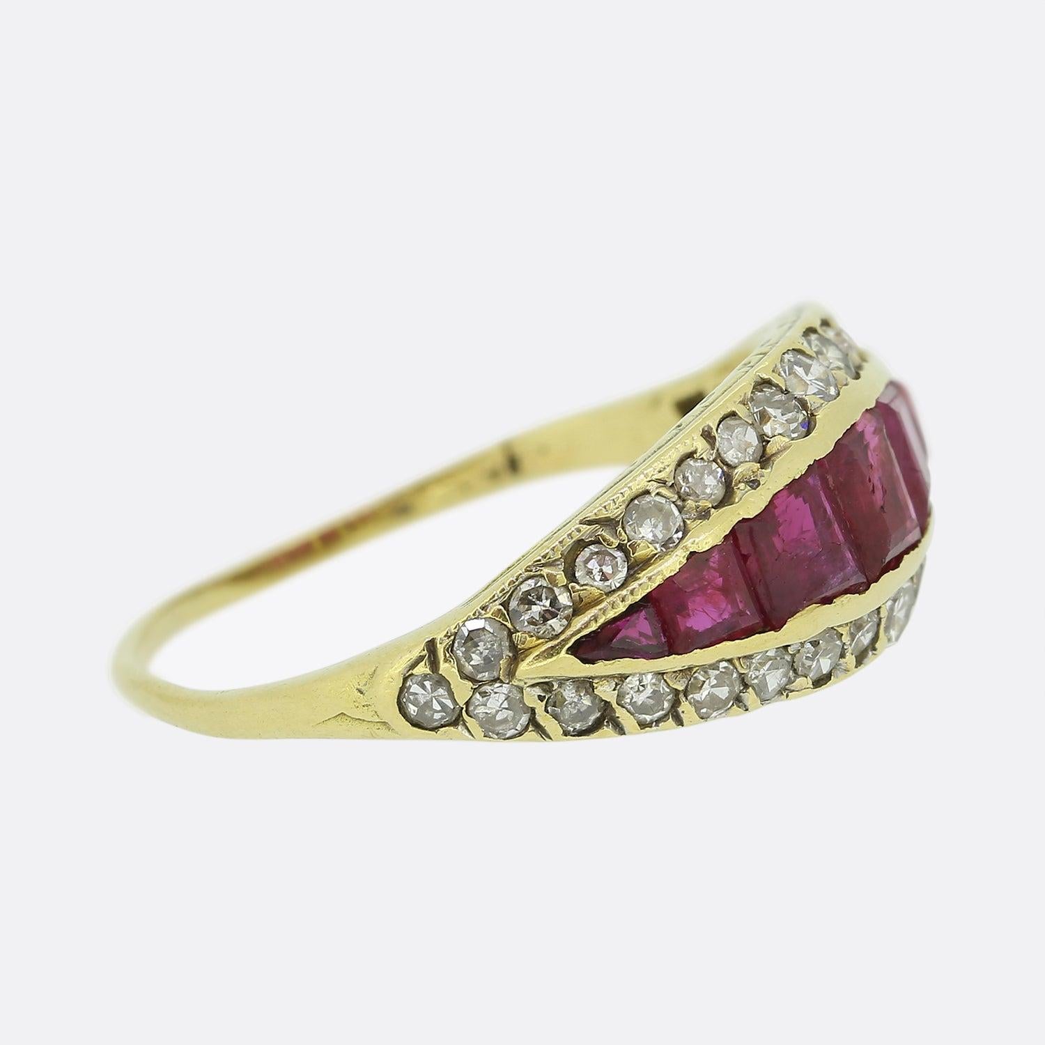 Square Cut Victorian Ruby and Diamond Cluster Ring For Sale