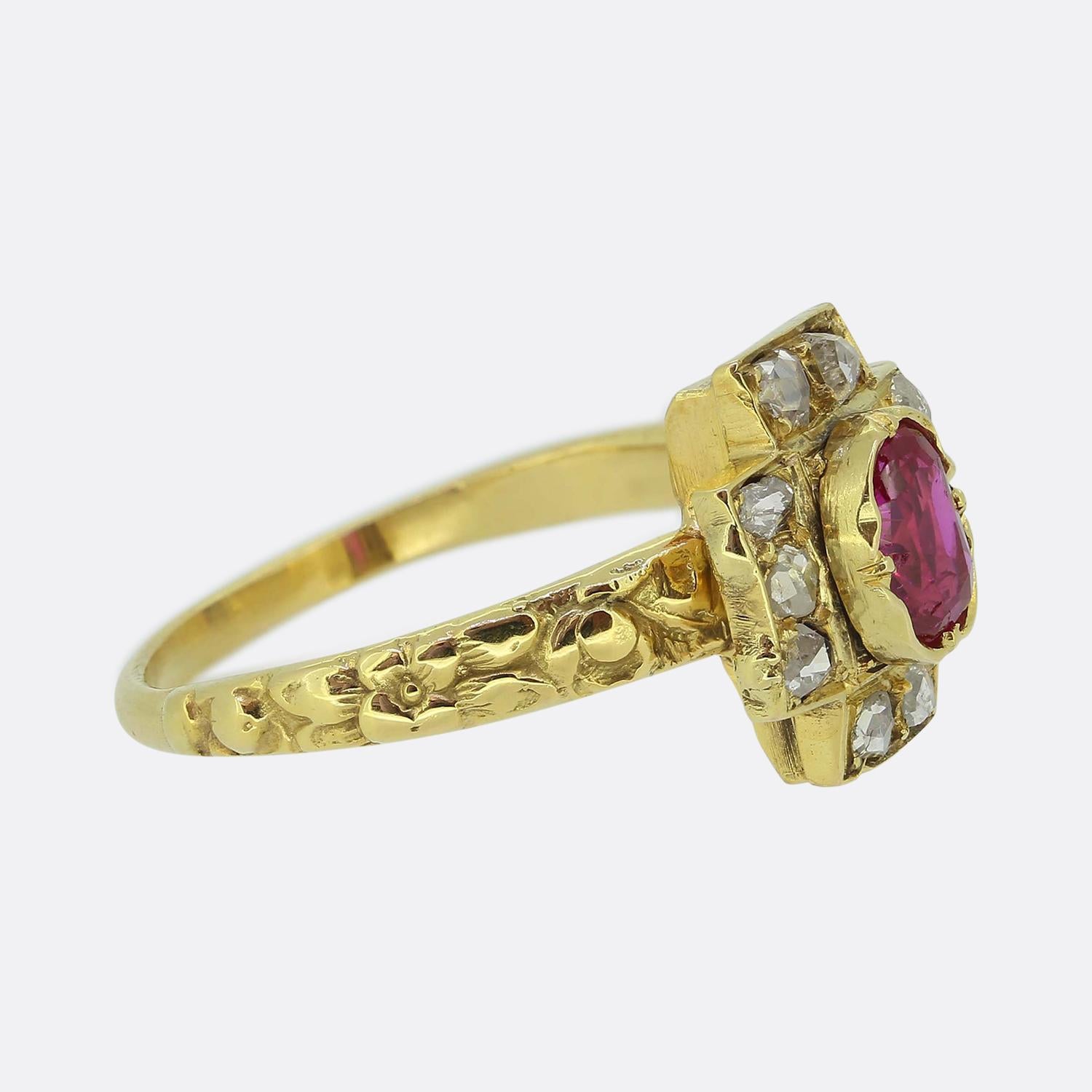 Oval Cut Victorian Ruby and Diamond Cluster Ring For Sale