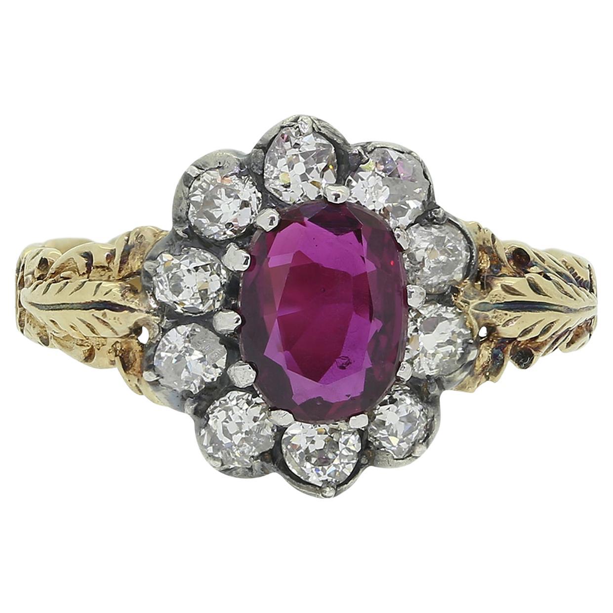 Victorian Ruby and Diamond Cluster Ring For Sale