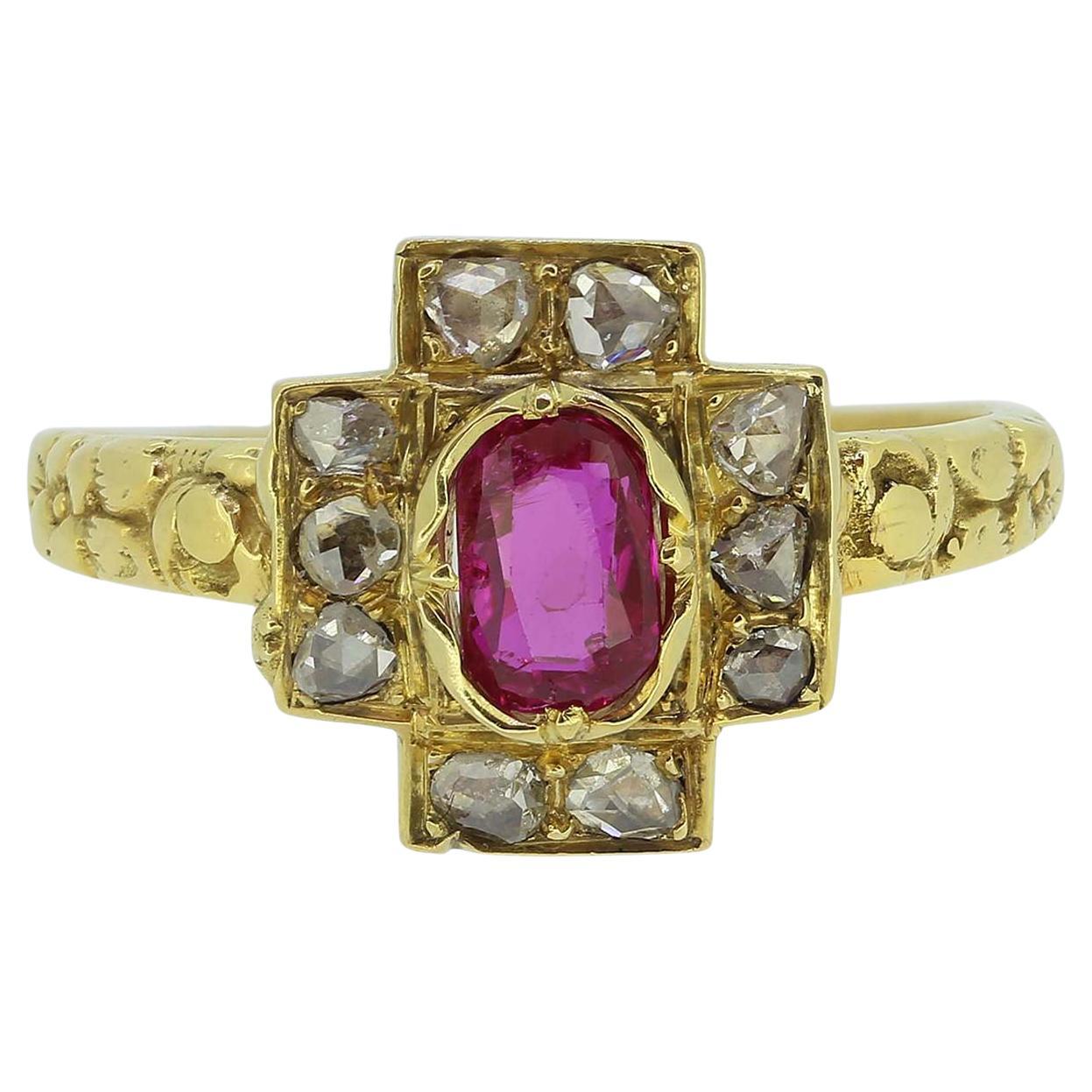 Victorian Ruby and Diamond Cluster Ring For Sale