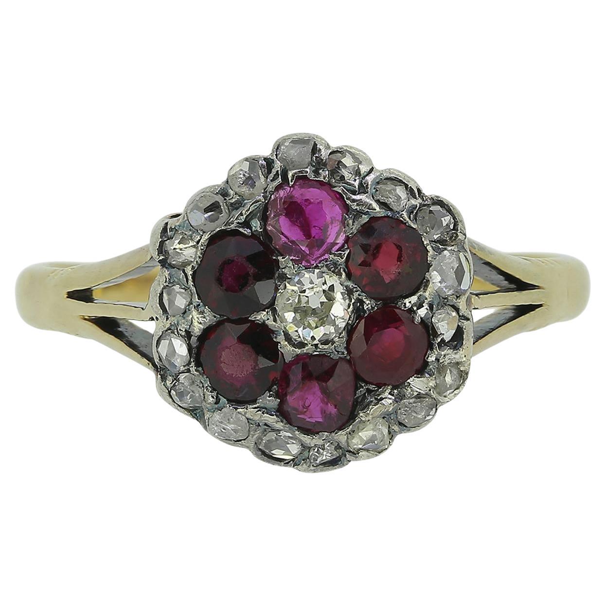Victorian Ruby and Diamond Cluster Ring
