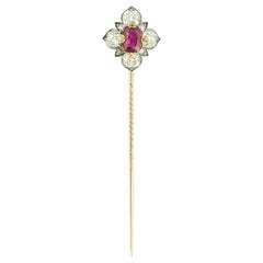 Antique Victorian Ruby and Diamond Cluster Stick Pin