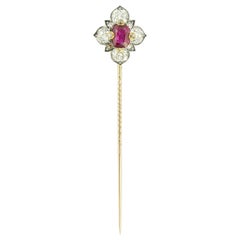 Victorian Ruby and Diamond Cluster Stick Pin
